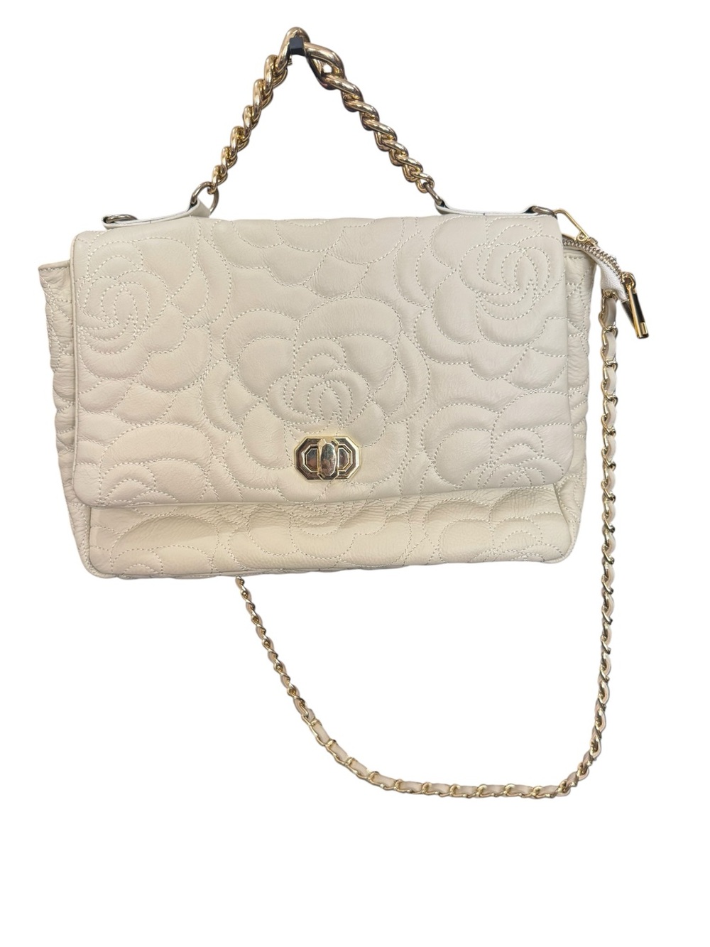 Anna Paola Cream Quilted Floral Shoulder Bag with Gold Chain
